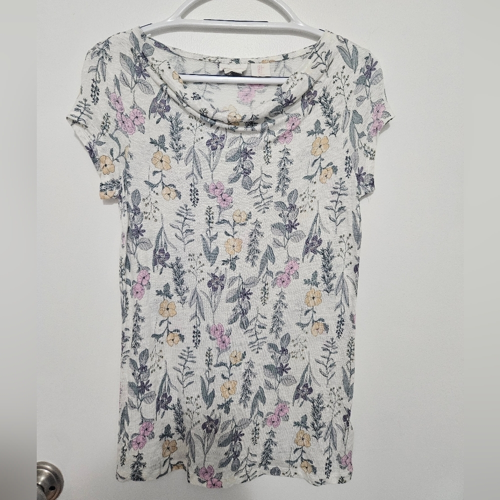 Rachel Ashwell 100% Linen Floral Cowl Neck Short Sleeve Shirt Size Small - Picture 1 of 3